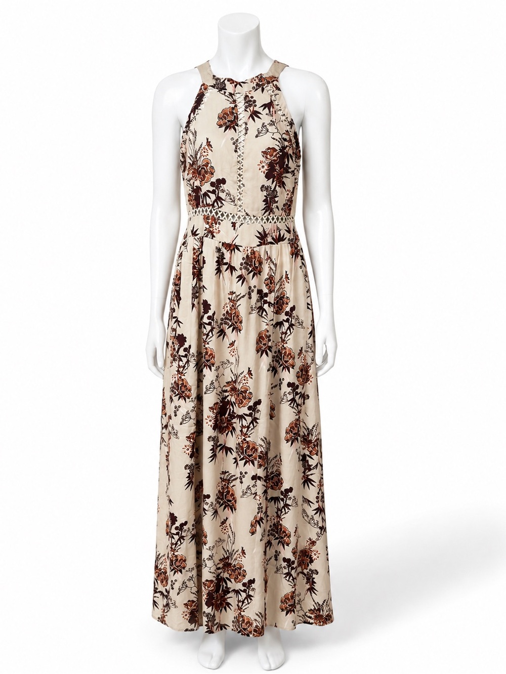 Angie NWT Medium Floral Halter Maxi Dress Open Back Boho Rayon Slit - Picture 2 of 10